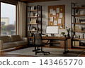 Mid Century Modern Home Office Desk Workspace City View Window 143465770