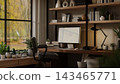 Biophilic Home Office Desk Workspace Autumn Forest View Window 143465771