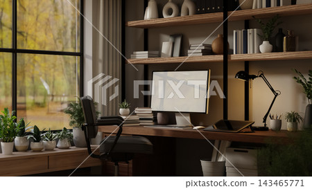 Biophilic Home Office Desk Workspace Autumn Forest View Window Biophilic Home Office Desk Workspace Autumn Forest View Window 143465771