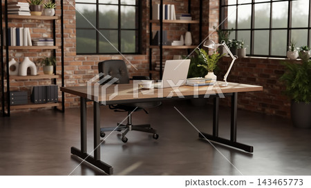 Industrial Loft Workspace Desk Office Brick Wall Interior Industrial Loft Workspace Desk Office Brick Wall Interior 143465773