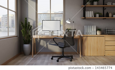 Modern Home Office Desk Minimalist Workspace Window Blinds Modern Home Office Desk Minimalist Workspace Window Blinds 143465774