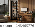 Cozy Mid Century Home Office Wood Panel Wall Desk Workspace 143465776
