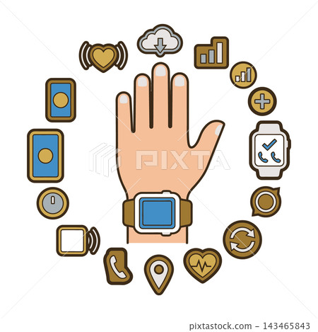 Smartwatch wearable technology device on wrist with icons Smartwatch wearable technology device on wrist with icons 143465843