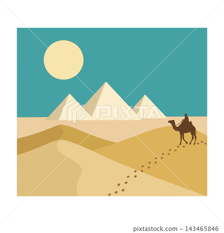 Camel walking through desert with pyramids in background under full moon Camel walking through desert with pyramids in background under full moon 143465846