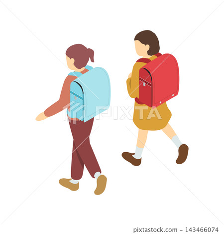等距視角插圖：兩個小學生女孩邊走邊聊 143466074