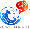 A Japanese-style illustration of a sea bream and waves, with beautiful gradation. 143466101
