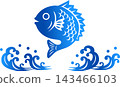 A Japanese-style illustration of a sea bream and waves, with a beautiful blue gradient. 143466103