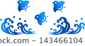 A Japanese-style illustration of a sandpiper and waves, with a beautiful blue gradient. 143466104