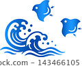 A Japanese-style illustration of a sandpiper and waves, with a beautiful blue gradient. 143466105