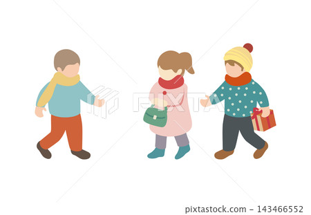 Isometric illustration set of children in winter clothes, featuring boys and girls, perfect for Christmas. Isometric illustration set of children in winter clothes, featuring boys and girls, perfect for Christmas. 143466552