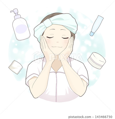 一幅描繪女性進行護膚和使用美容用品的插圖。 一幅描繪女性進行護膚和使用美容用品的插圖。 143466730
