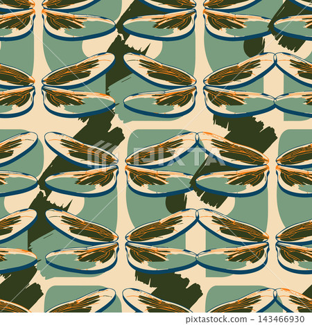 Repeating botanical motif with layered petals and leaf-like forms in earthy sage, beige, blue, orange, and olive tones, designed for modern surface decor on wallpaper, fabric, and wrapping. Repeating botanical motif with layered petals and leaf-like forms in earthy sage, beige, blue, orange, and olive tones, designed for modern surface decor on wallpaper, fabric, and wrapping. 143466930