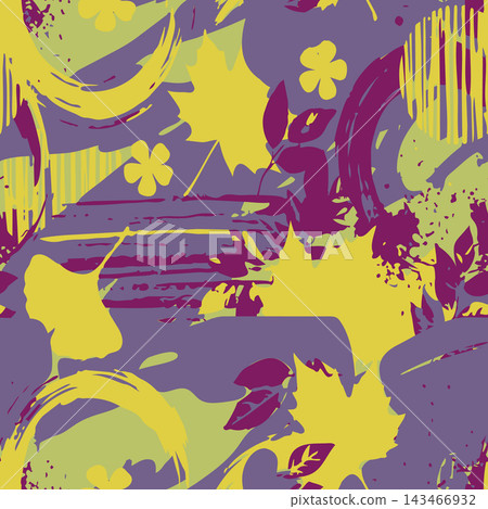 Bold abstract floral pattern with flowing brush strokes, layered petals, leaves, splatters, and curved shapes in purple, yellow, and green, creating lively decorative wallpaper texture. Bold abstract floral pattern with flowing brush strokes, layered petals, leaves, splatters, and curved shapes in purple, yellow, and green, creating lively decorative wallpaper texture. 143466932
