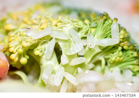 Macro close-up of white rice grains resting on fresh green broccoli florets Macro close-up of white rice grains resting on fresh green broccoli florets 143467384