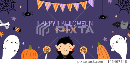 Cute Halloween banner with ghost, vampire, pumpkin Cute Halloween banner with ghost, vampire, pumpkin 143467848
