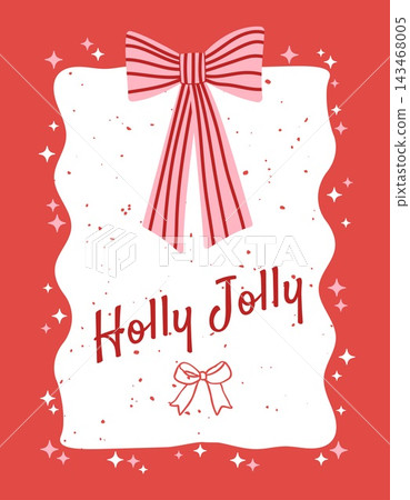 Holly Jolly Christmas greeting card with striped bow frame and sparkles on red background Holly Jolly Christmas greeting card with striped bow frame and sparkles on red background 143468005