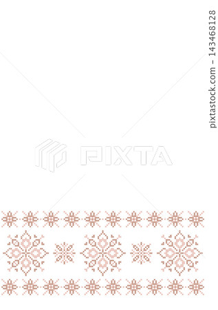 Cross stitch Christmas border vector illustration with embroidered snowflake ornaments, Scandinavian winter folk motif card background template for holiday greeting cards and packaging design Cross stitch Christmas border vector illustration with embroidered snowflake ornaments, Scandinavian winter folk motif card background template for holiday greeting cards and packaging design 143468128