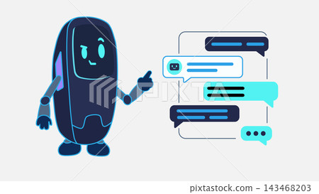 AI Chatbot Robot Mascot with Digital Chat Interface AI Chatbot Robot Mascot with Digital Chat Interface 143468203