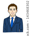 Illustration of the upper body of a smiling male office worker in a suit. 143468302