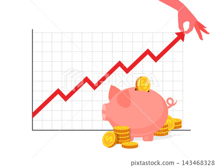 hand pulling chart arrow up next to piggy bank and gold coins hand pulling chart arrow up next to piggy bank and gold coins 143468328