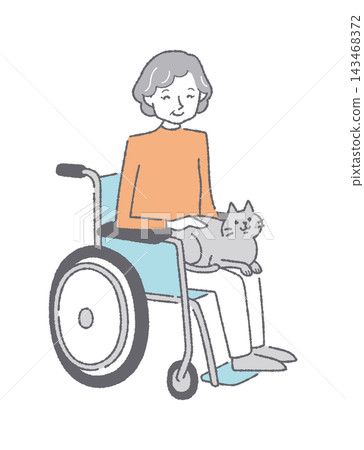 Animal therapy: A senior woman in a wheelchair with a cat on her lap. Animal therapy: A senior woman in a wheelchair with a cat on her lap. 143468372