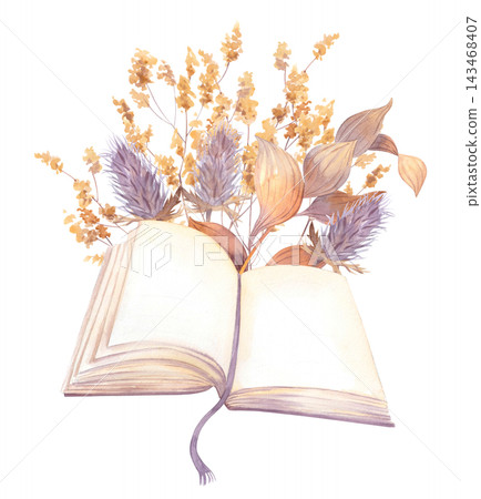 Open book with watercolor dried flower bouquet in soft lavender ochre tones, pages spread with trailing ribbon bookmark, delicate botanical composition suitable for book cover or stationery art. 143468407