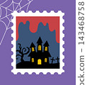Cute Halloween stamp-style illustration - Night view with a mansion and a cemetery 143468758