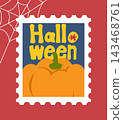 Cute Halloween stamp-style illustration - yellow pumpkin and the word Halloween 143468761