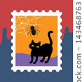 Cute Halloween stamp-style illustration - Black cat and spiderweb 143468763