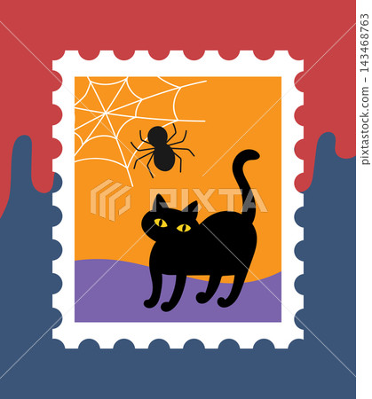 Cute Halloween stamp-style illustration - Black cat and spiderweb Cute Halloween stamp-style illustration - Black cat and spiderweb 143468763