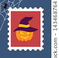 Cute Halloween stamp-style illustration - Jack-o'-lantern wearing a witch's hat 143468764