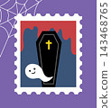 Cute Halloween stamp-style illustration - coffin and ghost 143468765