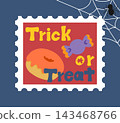 Cute Halloween stamp-style illustration - donuts, candy, and the words "Trick or Treat" 143468766