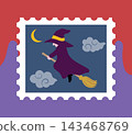 Cute Halloween stamp-style illustration - A witch flying through the night sky on a broomstick. 143468769