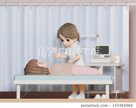 3D CG | 一名女子躺在床上接受心電圖檢查,一名護理師正在為她貼電極片。 3D CG | 一名女子躺在床上接受心電圖檢查,一名護理師正在為她貼電極片。 143468966