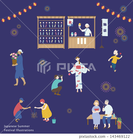 一幅描繪人們享受夏日節日和夜晚煙火的插圖。 一幅描繪人們享受夏日節日和夜晚煙火的插圖。 143469122
