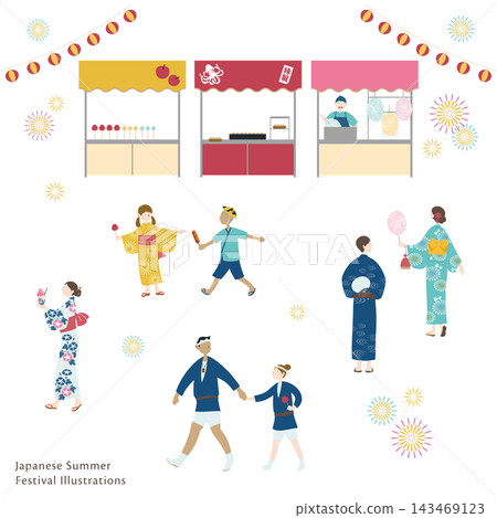 一幅描繪人們在夏季節日和美食攤位前享受樂趣的插圖。 143469123