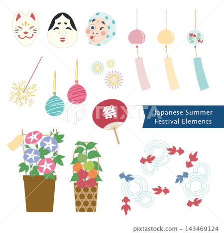Flat illustration materials that depict summer festivals and the colors of Japanese summer. 143469124