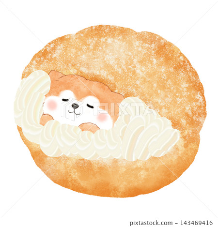 一幅柴犬和奶油泡芙的彩色插圖。 一幅柴犬和奶油泡芙的彩色插圖。 143469416