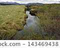 Glacial water filling a rocky volcanic fissure in a mossy rift valley, Iceland 143469438