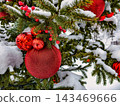 A Christmas and New Year tree is covered in snow, showing bright red ornaments and festive decorations among green branches. It is winter time 143469666