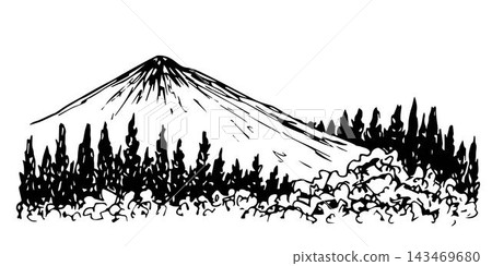Hand drawn vector ink drawing. Wildlife of the north, mountain landscape, coniferous forest, trees. For postcard prints, tourism, travel. Nature, ecology. Hand drawn vector ink drawing. Wildlife of the north, mountain landscape, coniferous forest, trees. For postcard prints, tourism, travel. Nature, ecology. 143469680