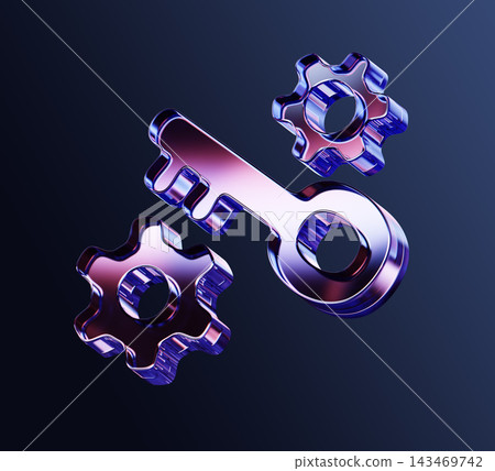 Glass key gear 3d icon with glossy neon blue glow on dark background. Security, access control, system settings, login, authentication, management, technology, web design element. 3D illustration Glass key gear 3d icon with glossy neon blue glow on dark background. Security, access control, system settings, login, authentication, management, technology, web design element. 3D illustration 143469742