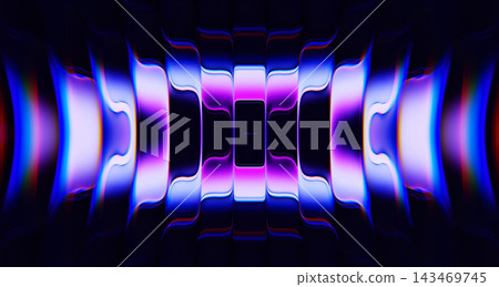 Sound wave ripple effect on dark render background. Abstract 3D refractive glass panel texture, radial symmetry abstract shapes with vibrant neon purple blue glow, light distortion. 3D illustration Sound wave ripple effect on dark render background. Abstract 3D refractive glass panel texture, radial symmetry abstract shapes with vibrant neon purple blue glow, light distortion. 3D illustration 143469745