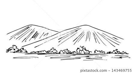 Hand-drawn simple vector landscape in black outline. Trees, bushes, mountains on the horizon, hills. Wildlife, tourism, travel, nature. Ink sketch. Hand-drawn simple vector landscape in black outline. Trees, bushes, mountains on the horizon, hills. Wildlife, tourism, travel, nature. Ink sketch. 143469755