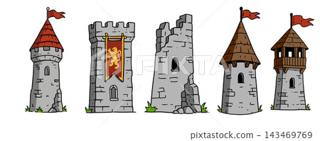 Castle towers set five, gray stone turrets flags banner ruin collection, medieval icons. Fantasy kingdom buildings cartoon art, simple fortress pieces sheet. Citadel row assortment pack Castle towers set five, gray stone turrets flags banner ruin collection, medieval icons. Fantasy kingdom buildings cartoon art, simple fortress pieces sheet. Citadel row assortment pack 143469769