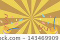 Illustration of a yellow and gold sunburst background with confetti. 143469909