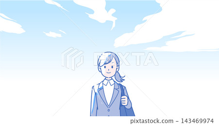 A woman in a suit standing under a blue sky A woman in a suit standing under a blue sky 143469974