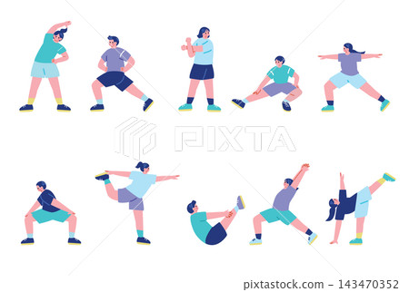 A set of illustrations of men and women stretching. A set of illustrations of men and women stretching. 143470352