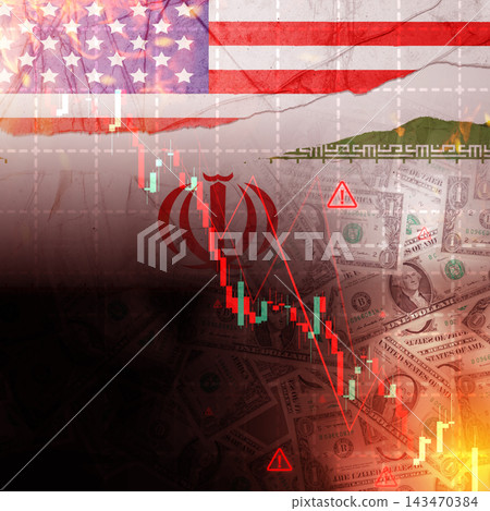 Geopolitical and economic conflict between the USA and Iran, featuring flags, dollar bills, stock market crash graphs, warning signs, and a red Iranian emblem. Finance and economic concept Geopolitical and economic conflict between the USA and Iran, featuring flags, dollar bills, stock market crash graphs, warning signs, and a red Iranian emblem. Finance and economic concept 143470384